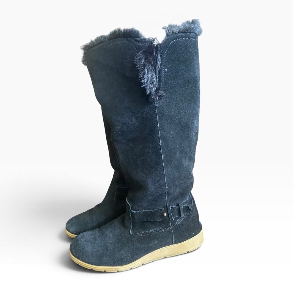 Lands’ End Women’s 8 Black Suede Faux Fur Knee High Winter Boots Buckle